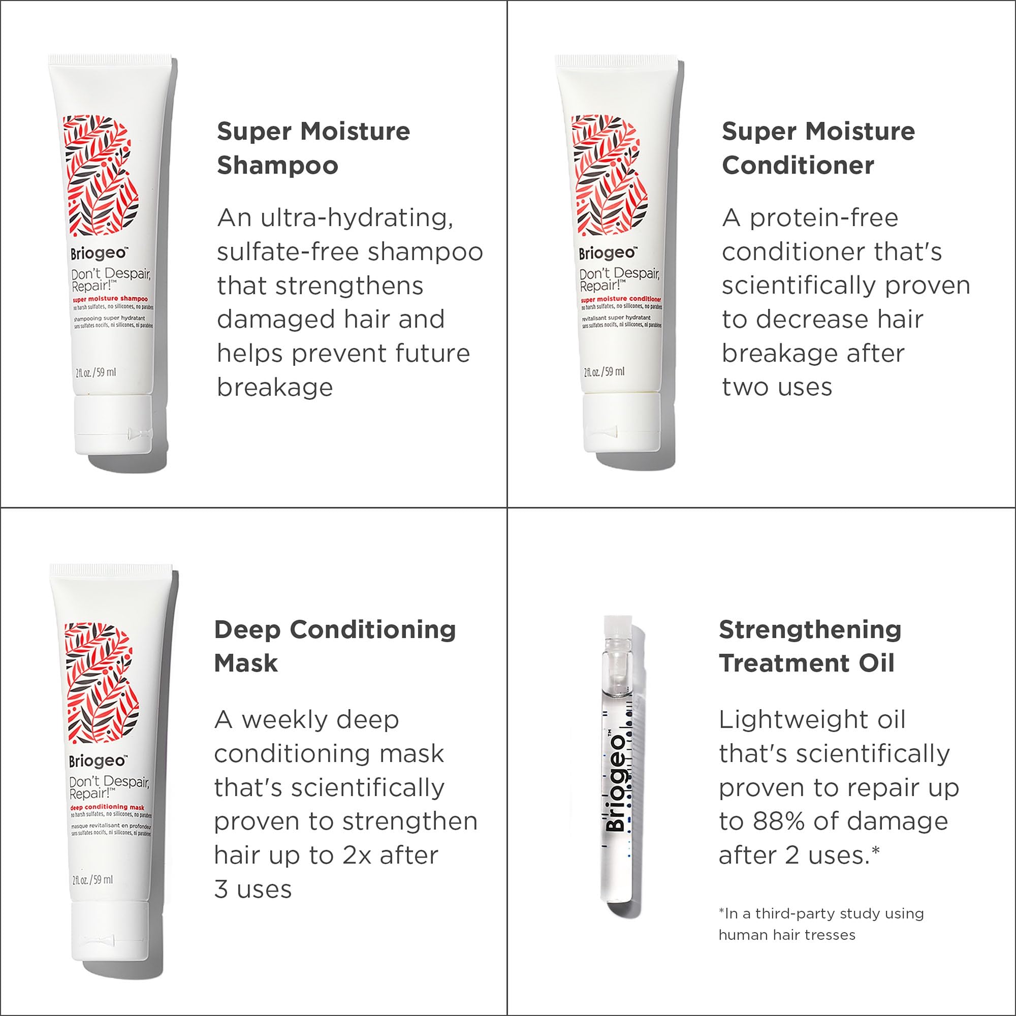 Briogeo Don't Despair, Repair! Strenthen + Repair Minis Kit, Repairs Dry, Damaged or Color Treated Hair,Travel Kit, Strengthens Hair, Hydrates Dry Hair, Vegan, Cruelty-Free, 4-Piece Set
